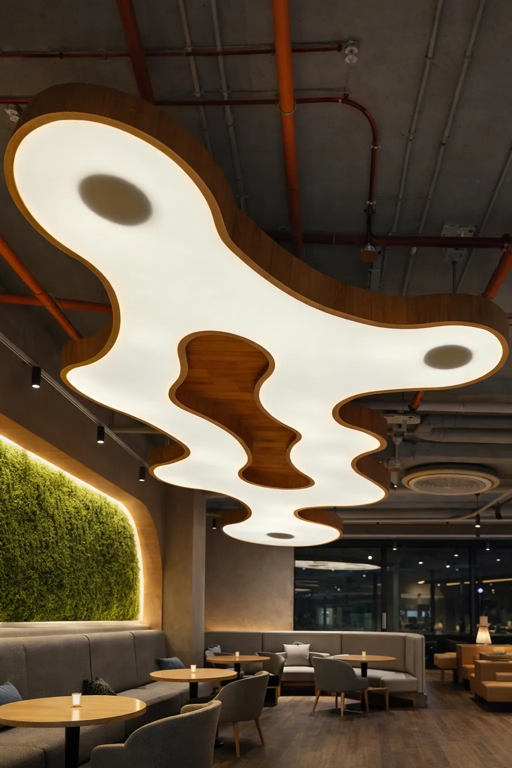 Organic backlit TrueFlat ceiling in a cafe — sculptural amoeba form with wood inlay reveals