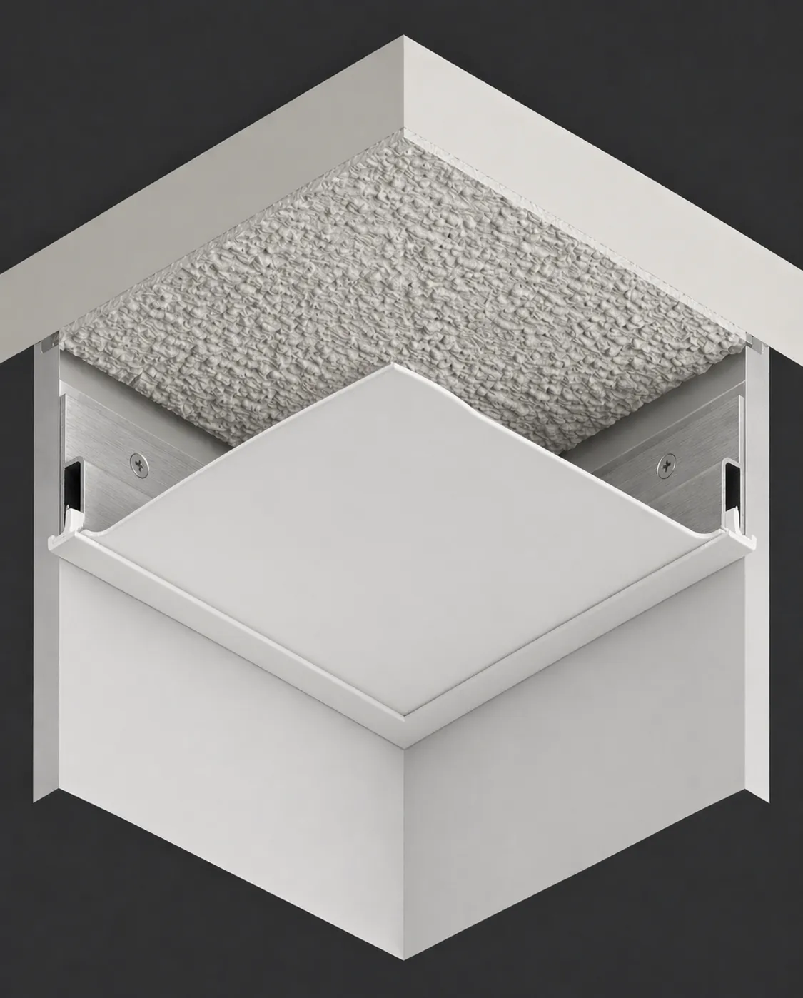 Step 04 — finished seamless ceiling with integrated lighting, sprinklers, and HVAC